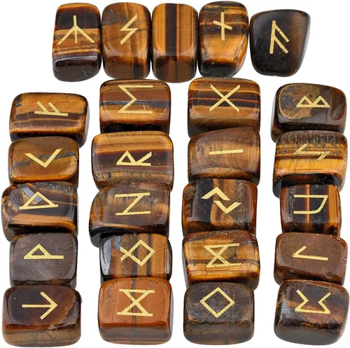 Vista 2 de SUNYIK Juego de piedras de runa grabadas con ojo de tigre y péndulo de 12 puntas de cristal facetadas, kit de cristal Wicca del alfabeto Futhark