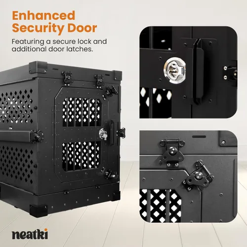 Vista 5 de Jaula plegable de 34 pulgadas para perros, de aluminio con recubrimiento en polvo con bloqueo seguro y bandeja extraíble, portátil para uso en Negro