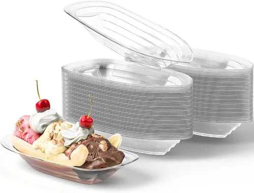 Vista 10 de Super Fun - Botes divididos de plátano reciclables, 50 unidades. Los mejores cuencos de helado desechables largos de 12 onzas. Copas de plástico 340