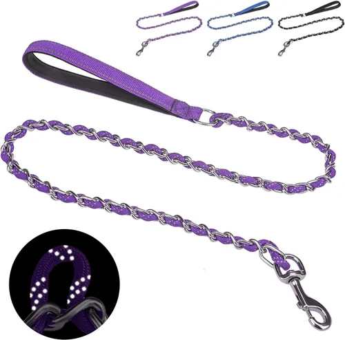 Vista 12 de HOMIMP Correa de perro a prueba de mordidas para perros medianos y grandes, correa reflectante de cadena de metal resistente de 6 pies con mango