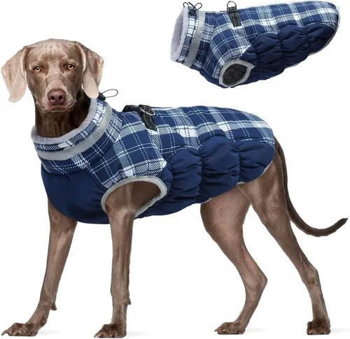 Vista 18 de Abrigo para perro, chaqueta cálida de invierno, acolchada, de vellón, chaleco reflectante con arnés, chaqueta de nieve impermeable con cremallera, a