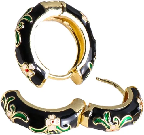 Vista 4 de Aretes de aro pequeños con diseño de flores esmaltadas vintage, estilo japonés, para mujer
