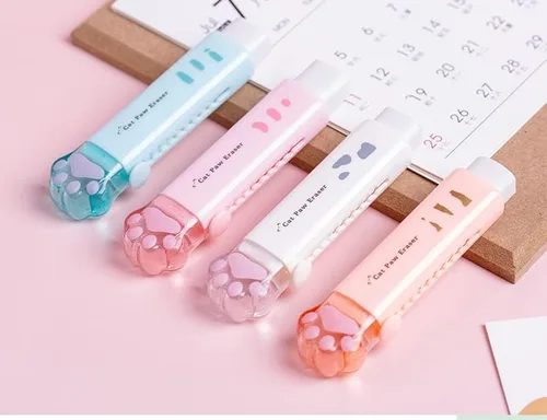 Vista 6 de 4 piezas de borradores retráctiles en forma de pata de gato Kawaii Cutecore Push-Pull de goma para estudiantes, suministros escolares estéticos