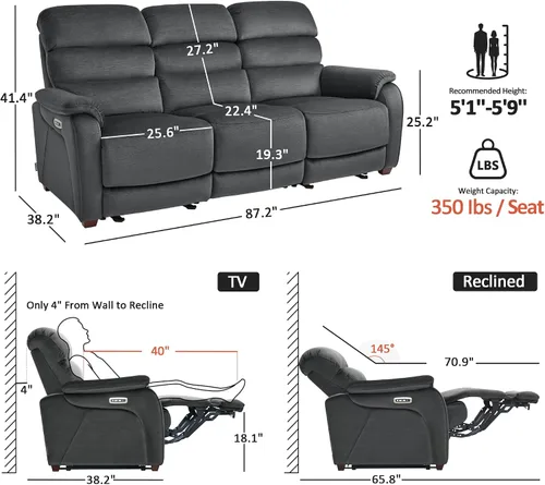 Vista 2 de MCombo ST258M3 - Sofá reclinable eléctrico de pared de 87.2 pulgadas con mesa abatible, sofá reclinable con reposacabezas ajustables, puertos