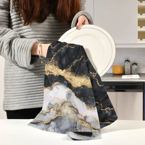 Vista 6 de Bolaz Juego de 4 toallas de cocina de mármol negro dorado ultra absorbente, secado rápido, paños de cocina de 28 x 18 pulgadas para cocinar