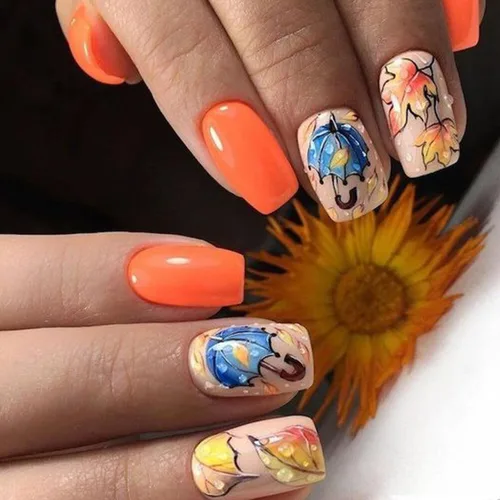 Vista 10 de 24 uñas postizas a presión de hoja de arce, uñas de almendra de longitud media, uñas postizas retro con hojas de otoño con diseño de Acción de Uñas