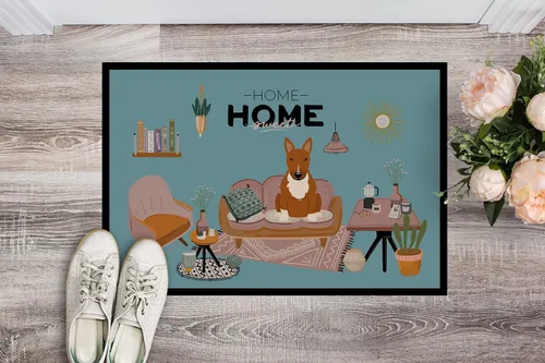 Vista 2 de Caroline's Treasures CK7979MAT Red Bull Terrier Sweet Home Felpudo de 18 x 27 pulgadas, tapete para puerta delantera, interior y exterior