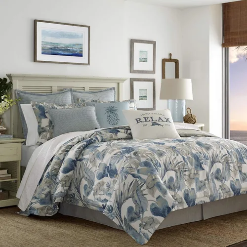 Vista 7 de Tommy Bahama Juego de edredón tamaño Queen, ropa de cama de algodón con fundas a juego y falda de cama, funda europea, azul (Queen)