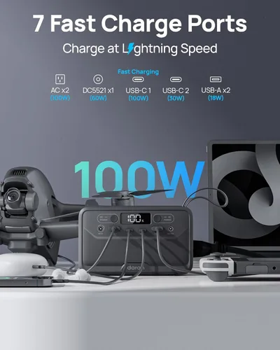 Vista 4 de Estación de energía portátil DaranEner 2026 de 28000mAh con batería LiFePO4, banco de energía solar con salida de CA 100W/110V, carga rápida