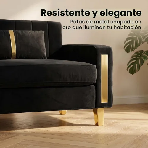 Vista 5 de Juego de sofá de 85 pulgadas, sofá de terciopelo con 2 almohadas y patas doradas, marco resistente de 750 libras, sofá moderno para dormitorio Negro