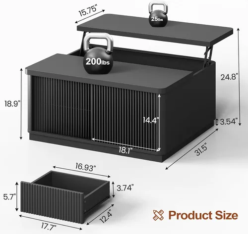 Vista 2 de Itaar Mesa auxiliar elevable de 39.4 pulgadas con almacenamiento, mesas de centro estriadas para sala de estar, mesa de centro cuadrada con gran