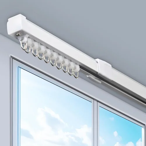 Vista 7 de Sistema de riel telescópico para cortinas de techo de 37-73 pulgadas, juego de riel de cortina resistente retráctil de medida libre como divisor