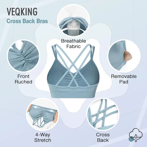 Vista 5 de VEQKING Brasier deportivo fruncido para mujer, brasier de entrenamiento con espalda cruzada, acolchado y sin costuras, bralette de yoga