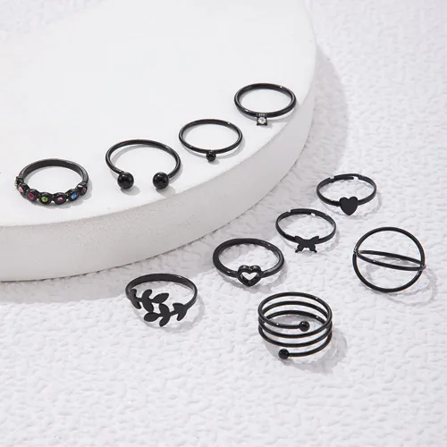 Vista 5 de Juego de anillos ajustables góticos negros para mujer, anillos vintage gruesos, nudillos góticos punk, anillos apilables vintage, anillos abiertos