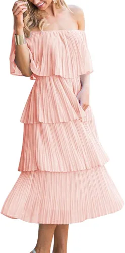 Vista 3 de ETCYY - Vestido largo de gasa para mujer estilo suelto y casual de verano con volantes y hombros descubiertos para fiesta o playa