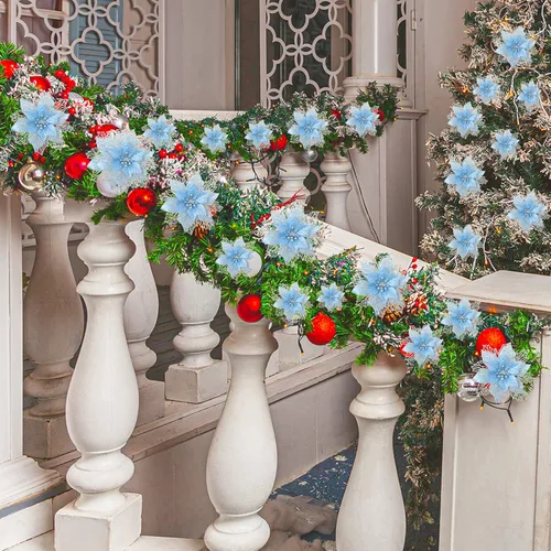 Vista 3 de Geosar 36 flores de Pascua de Navidad de 3 tamaños, 3, 4, 6 pulgadas, decoraciones de árbol de flores sintéticas con purpurina, adornos de Pascua