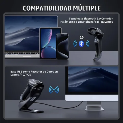 Vista 6 de TEEMI Escáner de código de barras Bluetooth TMSL-56CR con base de carga USB