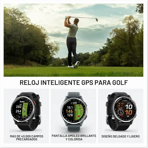 Vista 2 de Garmin Approach® S44, reloj inteligente GPS esencial para golf, pantalla AMOLED, funciones en el campo, bisel de aluminio plateado con banda de Negro