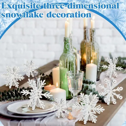 Vista 5 de Blulu 24 piezas de decoración de copo de nieve de madera 3D blanco copo de nieve de mesa y centro de mesa, decoración de madera de invierno