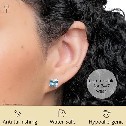 Vista 4 de Aretes cuadrados de oro blanco de 10 quilates de 0.276 in con piedra natal de corte princesa para mujer MAX + STONE