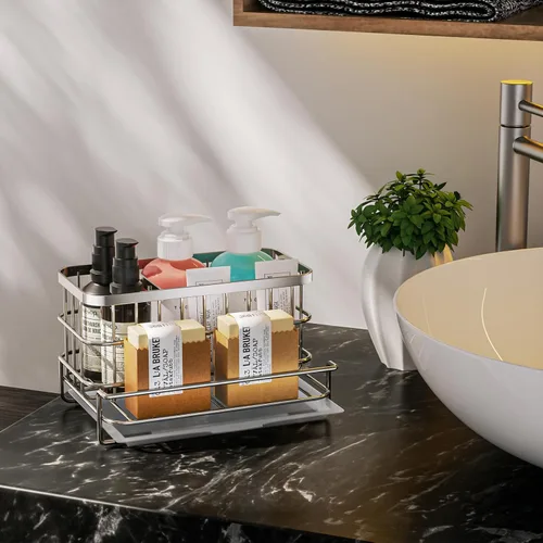 Vista 7 de HapiRm Organizador de Fregadero de Cocina, Acero Inoxidable SUS304 Antióxido Multifuncional Caddy Grande para Fregadero con Portaesponjas y Bandeja