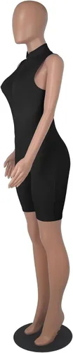 Vista 4 de Overol sexy de una pieza para mujer, con cremallera, sin mangas, ajustado, pantalones cortos