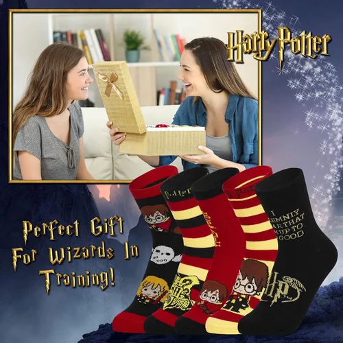Vista 2 de Harry Potter Calcetines para mujer, 5 pares de calcetines para mujer, regalos, NegroRojo