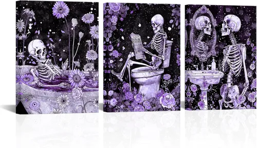 Vista 6 de FuShvre Decoración de esqueleto para baño, cuadros artísticos de pared de esqueleto Moody para baño, pintura gótica para decoración del hogar, Negro