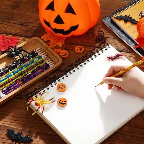 Vista 6 de Yexiya Juego de 48 lápices y borradores de Halloween, lindo lápiz de Halloween, mini borrador de calabaza de Halloween para niños, regalos