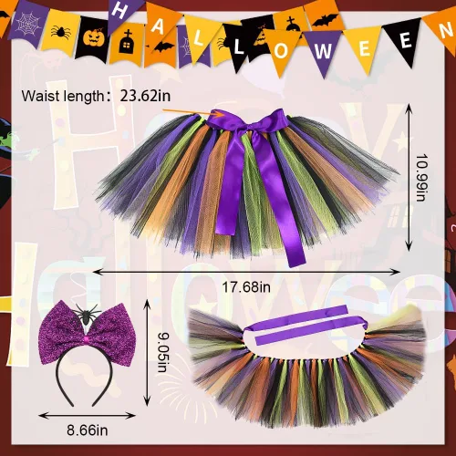 Vista 2 de Threetols Halloween Witch Costumes Accessories for Girls, Rainbow Tutu Skirt Cosplay Costumes Skirt with Purple Spider Sequin Bow Headbands for