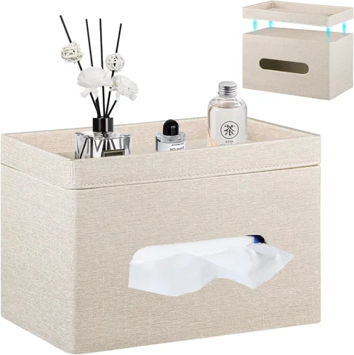 Vista 11 de YAPISHI Caja de pañuelos grande rectangular con almacenamiento de bandeja, soporte de pañuelos faciales de piel sintética, se adapta a 230
