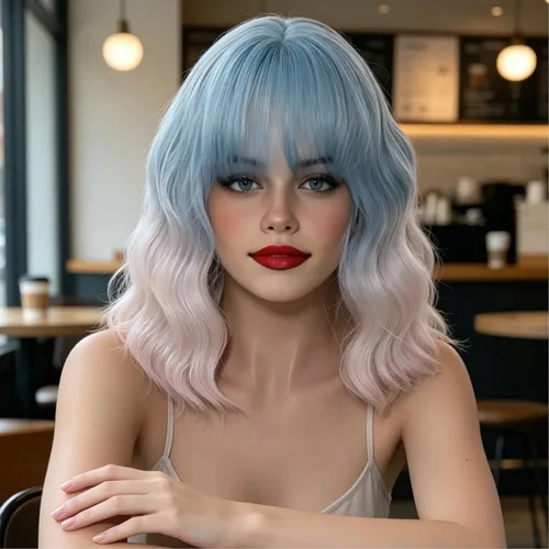 Vista 12 de Cying Lin Peluca corta ondulada y rizada con flequillo azul para mujer, peluca para cosplay, Halloween, resistente al calor, peluca de fiesta