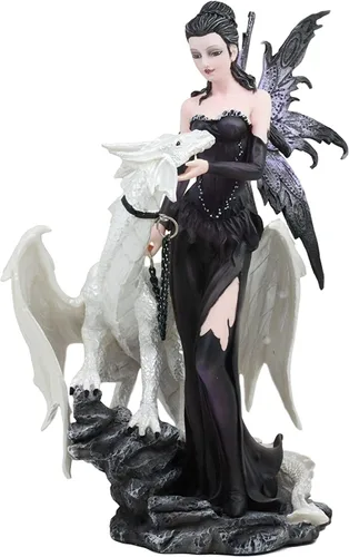 Vista 5 de Ebros - Estatua gótica de hada Khaleesi con dragón blanco ártico, 9.5 pulgadas de alto, decorativa, fantasía mítica, figura de la dama del lago