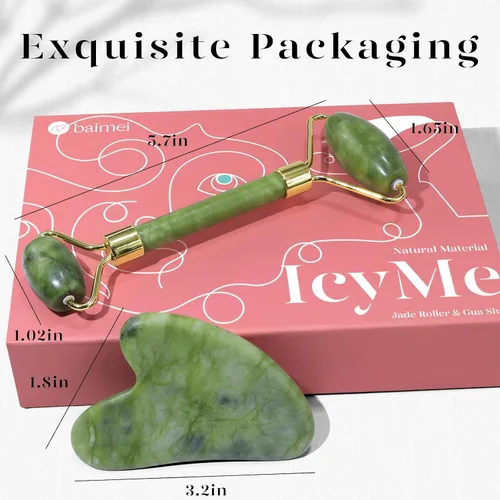 Vista 7 de BAIMEI IcyMe Gua Sha y rodillo de jade - Herramientas faciales, rodillo facial y juego de Gua Sha para reducir la hinchazón y el enrojecimiento