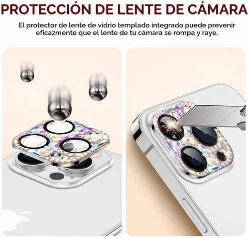 Vista 5 de Protector de lente de cámara con diamantes brillantes compatible con iPhone 15 Pro y iPhone 15 Pro Max, cubierta de cámara de gemas con purpurina