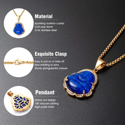 Vista 2 de WESTMIAJW Lucky Laughing Buda colgante cadena collares amuleto joyería para hombres, mujeres y niños, 23.6in, Piedra