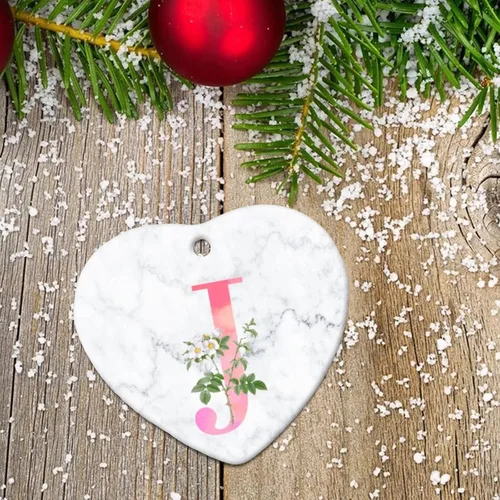 Vista 7 de Adorno de Navidad de cerámica con forma de corazón, rosa, acuarela, inicial, alfabeto, letra J, adorno para árbol de Navidad, recuerdo de boda
