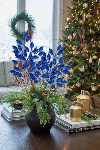 Vista 6 de Tallos de Hojas con Purpurina Azul de Navidad de 25.6", 5 Piezas de Ramas de Hojas Artificiales Altas para Árbol de Navidad DIY Corona de Navidad
