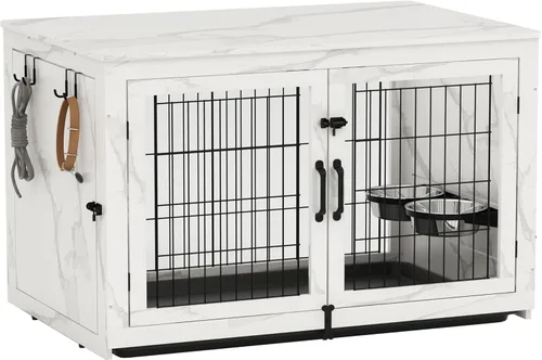 Vista 10 de Piskyet Mueble de Jaula para Perros de Madera con Cuencos para Perros Giratorios Extraíbles de 360°, Mesa Auxiliar de Jaula para Perros con Bandeja