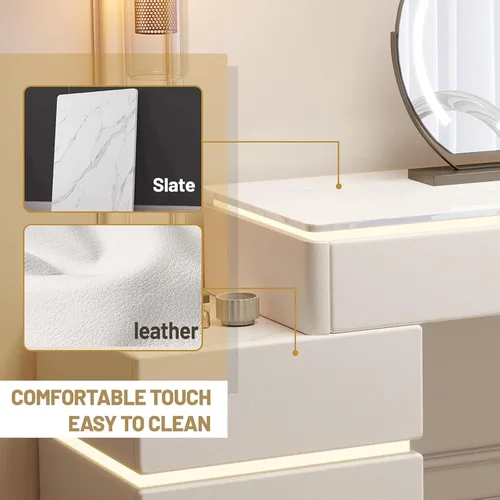 Vista 5 de Escritorio de maquillaje con luz LED, escritorio de tocador con espejo y luces, juego de tocador de maquillaje de 6 cajones para dormitorio Gris