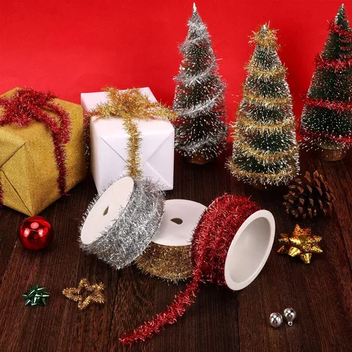 Vista 7 de Eboot Guirnalda de oropel de Navidad de 36 yardas, color dorado, plateado y rojo, cinta fina de oropel con purpurina, mini guirnalda de alambre