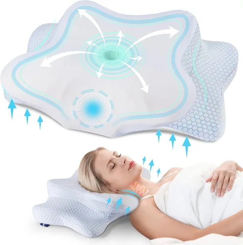 Vista 16 de Almohada cervical para el cuello para aliviar el dolor, almohada cervical con almohadas ergonómicas de espuma viscoelástica con doble altura