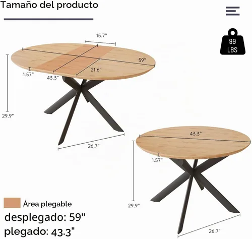 Vista 6 de HIPIHOM - Mesa de comedor redonda extensible de 43.2"-59.1", mesa redonda moderna de madera de mediados de siglo, mesa de café de roble para ocio