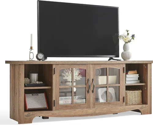 Vista 11 de LINSY HOME Soporte de TV estilo granja para TV de 65 pulgadas, centro de entretenimiento de madera con gabinete de almacenamiento con puerta