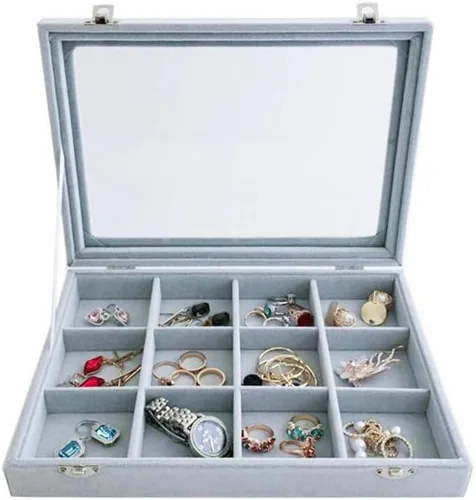 Vista 2 de Bandeja organizadora apilable de terciopelo gris con cubierta de vidrio, almacenamiento de joyas, de grado premium, multifunción, 12 rejillas