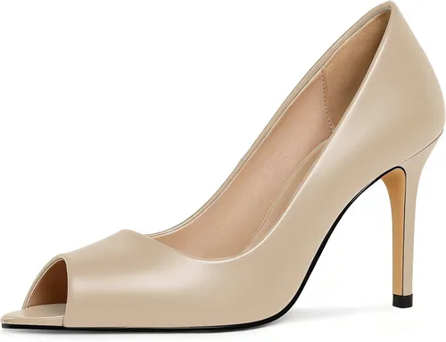 Vista 16 de Eldof Zapatos de tacón alto con punta abierta para mujer, con puntera abierta, para boda, sexy, para novia, clásicos, de 3.5 pulgadas Beige