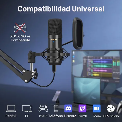 Vista 5 de TONOR Micrófono de PC con kit de brazo Boom para podcast, micrófono de condensador para computadora, recogida cardioide, micrófono USB con soporte