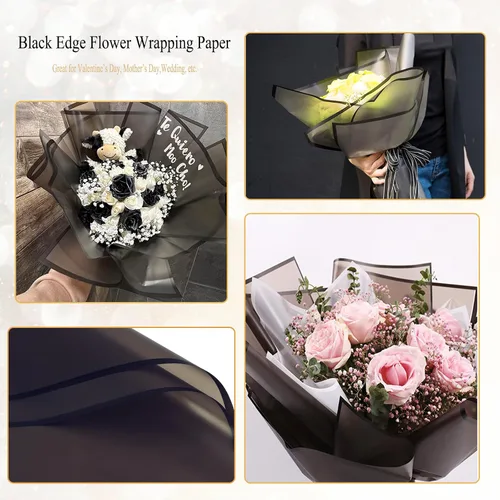 Vista 6 de Jocomoni 20 hojas de papel de regalo de flores, ramo floral impermeable, papel de regalo de flores frescas con borde negro, suministros