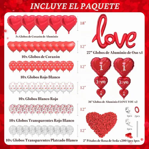 Vista 2 de Kit de globos para el día de San Valentín, globos con texto en inglés "I Love You", globos de corazón blanco y rojo, pétalos de rosa para el día de 1