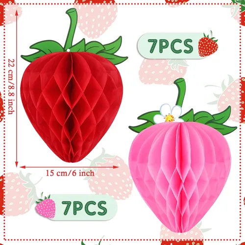 Vista 6 de Epakh 14 piezas de decoración de fiesta de fresa de 6 pulgadas, pompones de seda, bolas de panal, faroles de fresa de papel, guirnalda para pastel